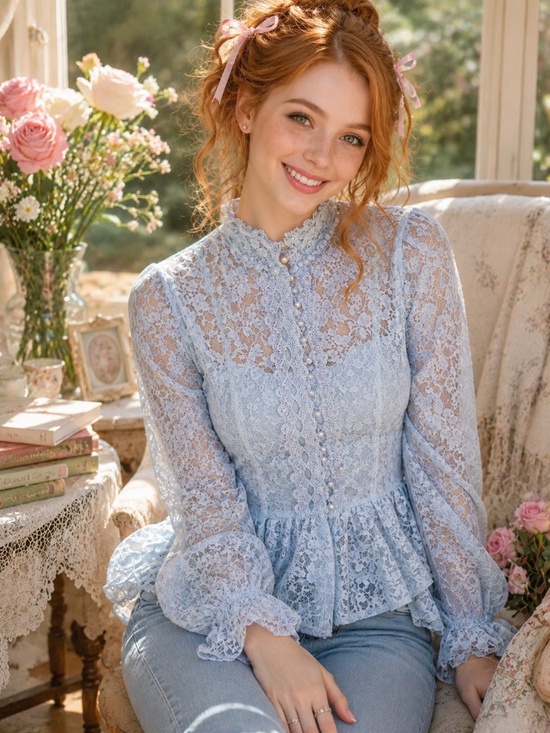 Gunne Sax Tops - Vintage Gunne Sax Gold Label Blue Lace Blouse XS Coquette Cottagecore Soft Girl